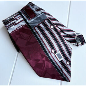 Palatina 100% Italian Silk Neck Tie Burgundy Gray Black Abstract 4" Wide 56" L